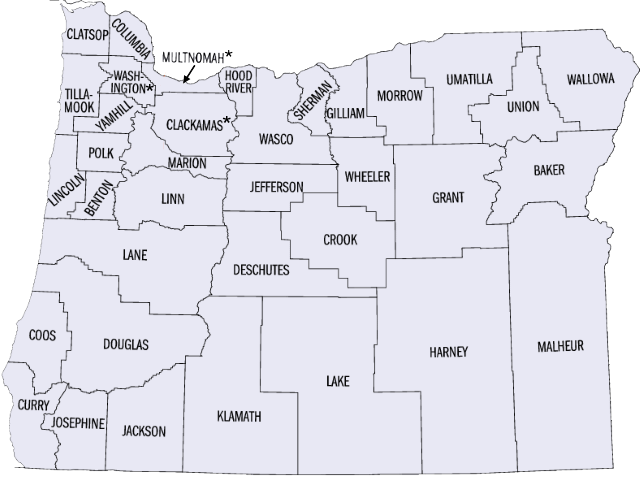 Map outlining the counties of Oregon